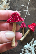 Load image into Gallery viewer, Red Silk Velvet Mushroom Ornaments Set of 3 Made to Order Woodland Velvet Toadstool Decorations
