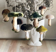 Load image into Gallery viewer, Emerald Green Silk Velvet Mushroom Ornament - Made to Order Woodland Toadstool
