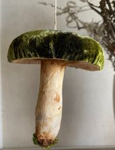 Load image into Gallery viewer, Emerald Green Silk Velvet Mushroom Ornament - Made to Order Woodland Toadstool
