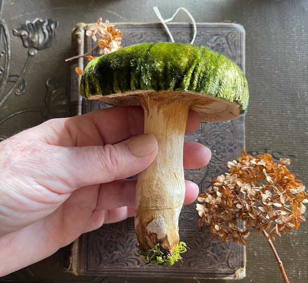 Emerald Green Silk Velvet Mushroom Ornament - Made to Order Woodland Toadstool