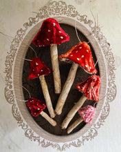 Load image into Gallery viewer, Red Silk Velvet Mushroom Ornaments Set of 6 Made to Order Woodland Velvet Toadstool Decorations - Handmade Fairy Mushrooms Display

