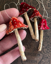 Load image into Gallery viewer, Red Silk Velvet Mushroom Ornaments Set of 6 Made to Order Woodland Velvet Toadstool Decorations - Handmade Fairy Mushrooms Display
