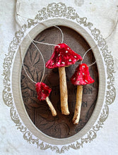 Load image into Gallery viewer, Red Silk Velvet Mushroom Ornaments Set of 3 Made to Order Woodland Velvet Toadstool Decorations

