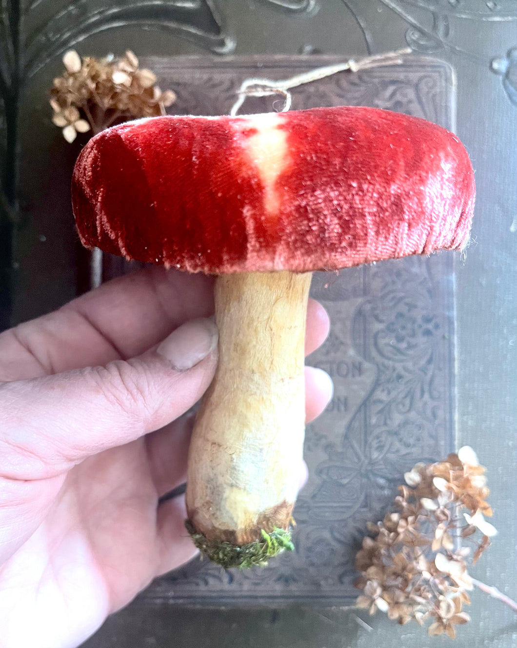 Tie Dyed Red Silk Velvet Mushroom Ornament - Made to Order Woodland Toadstool